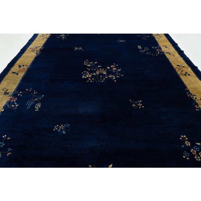 1920s Antique Chinese Art Deco Wool Rug in Midnight Blue & Ochre Gold For Sale - Image 11 of 12