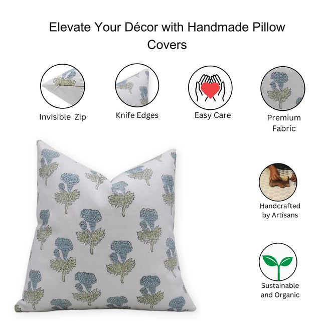 FabDivine Floral Block Print Pillow Cover 14x14 Inch Thick Cotton White-Manmohan For Sale - Image 4 of 4