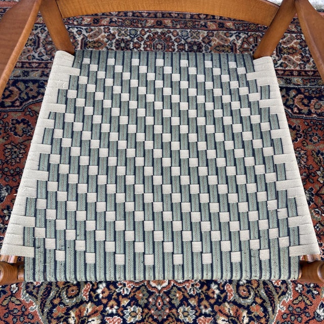 2010s 21st Century American Shaker Maple Ladder Back Arm Chair With Teal & Tan Webbing by the Shaker Shoppe of Pennsylvania For Sale - Image 5 of 11