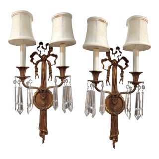 Pair of Antique Louis XVI Style Bronze & Crystal Sconces For Sale
