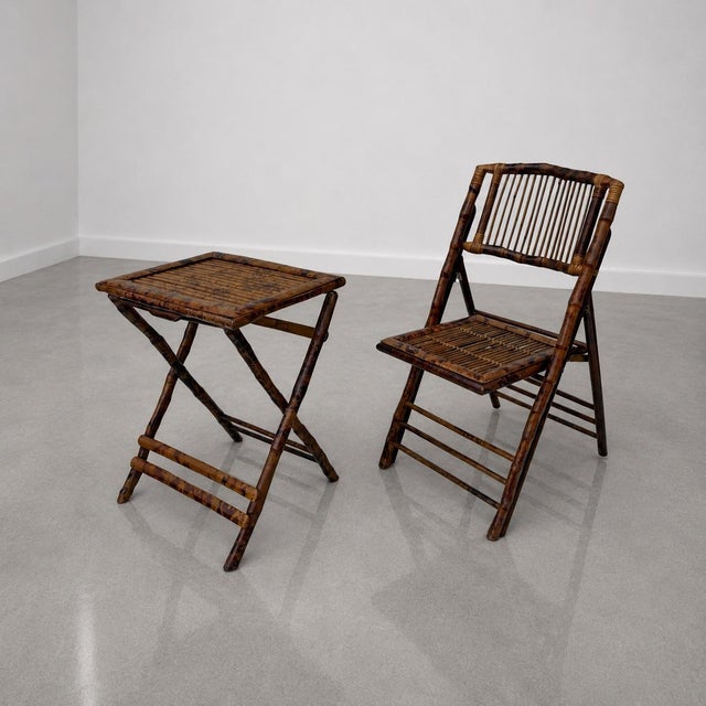 Brown 1980s Rustic Tortoiseshell Bamboo Folding Chairs With Side Tables - Set of 8 For Sale - Image 8 of 12