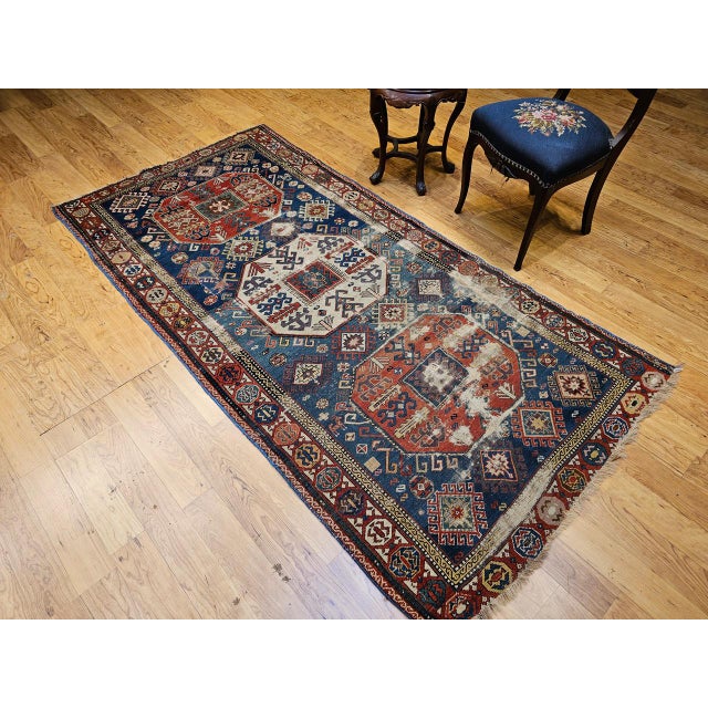 Antique Caucasian Kazak Rug, Medallion Pattern, Hand-Knotted Wool, Blue & Red, 4' x 8' For Sale - Image 16 of 16