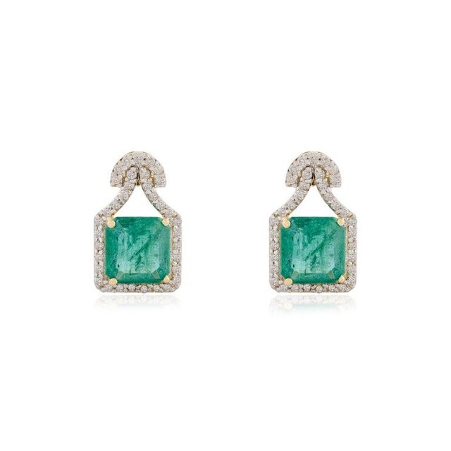 Zambian Emerald Diamond Statement Stud Earrings- a Pair For Sale In New York - Image 6 of 9