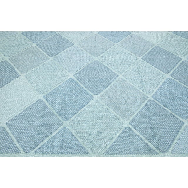 Early 21st Century Modern Handmade Swedish Style Wool Rug With Turquoise Geometric Design For Sale - Image 5 of 8