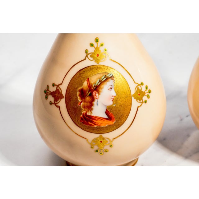 19th Century Lovely Pair Antique Hand Painted Victorian Porcelain Vases Neoclassical Portraits & Gilt Decoration Luxury Home Decor Art For Sale - Image 5 of 17