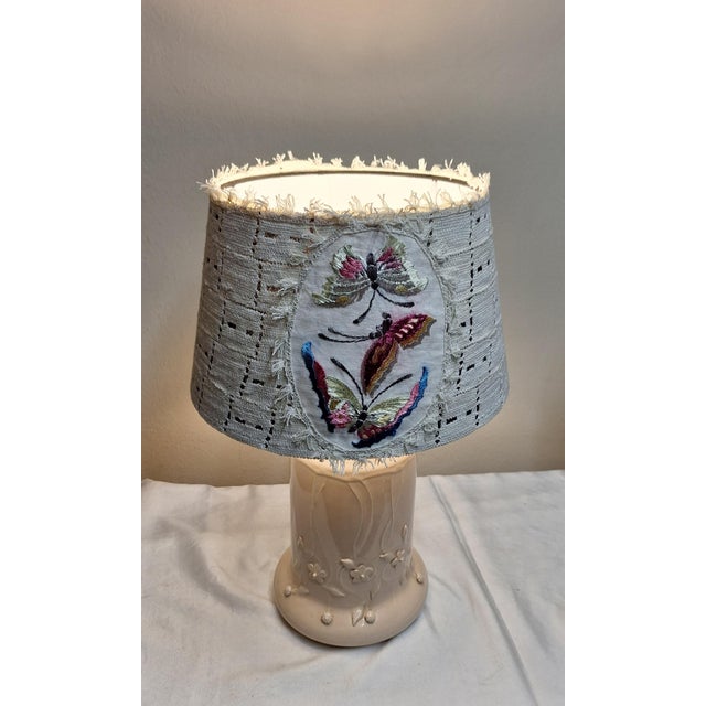 Vintage Table Lamp with Beige Floral Decorated Ceramic Base and Handmade Fabric Shade from Lamplove, 1970s For Sale - Image 3 of 7