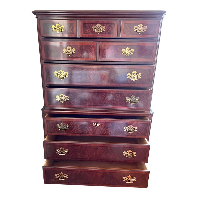 A vintage Drexel Chippendale mahogany high dresser with brass hardware featuring six drawers for storage, original...