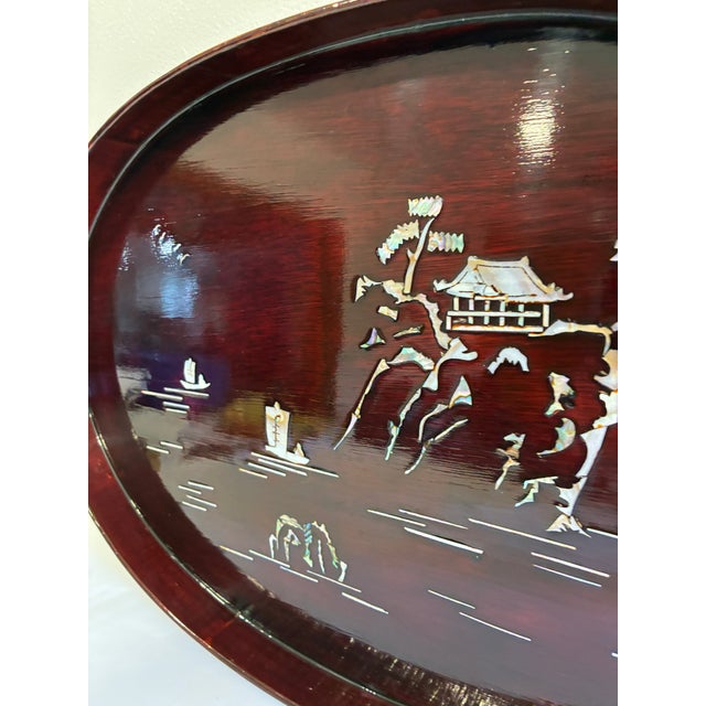 Asian Lacquer Tray With Mother of Pearl Landscape Inlay For Sale In Oklahoma City - Image 6 of 10