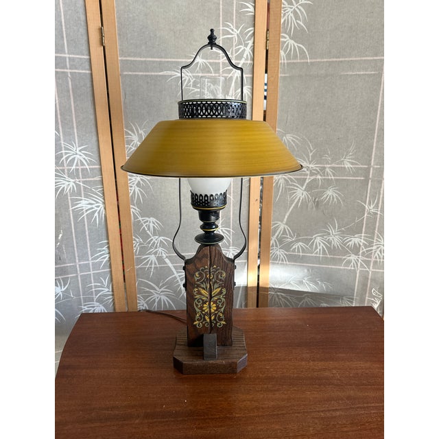 Brown Vintage French Country Yellow Scrolling Table Lamp With Tole Lampshade For Sale - Image 8 of 8