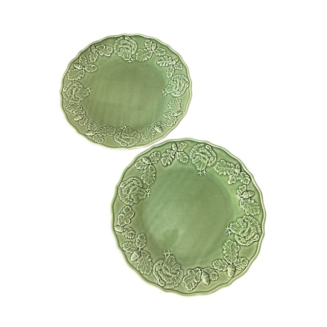 Green Vintage Bordallo Pinheiro Turkey Green Majolica Platter – Portuguese Ceramic Thanksgiving Serving Plate With Turkey, Oak Leaf & Acorn Relief For Sale - Image 8 of 9