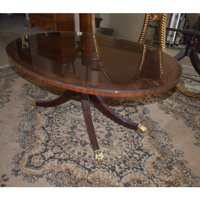 Wood Vintage Oval Inlaid Mahogany Coffee Table With Glass Top, Brass Claw Feet, 1950s For Sale - Image 7 of 7