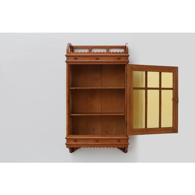 Art Deco Oak Wall Cabinet with Amber Glazed Door, Belgium, 1920s For Sale - Image 3 of 13