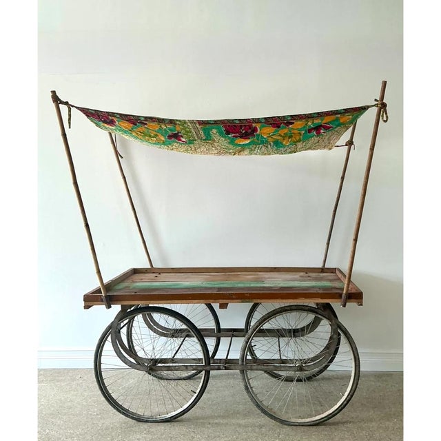 Rustic Vintage Wooden Market Cart With Fabric Canopy For Sale - Image 3 of 12