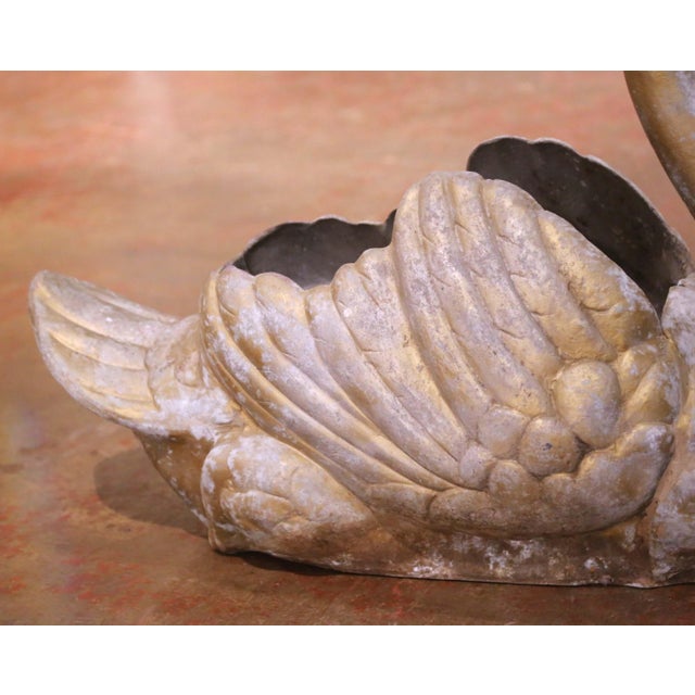 Pair of Mid-Century French Cast Metal Swan Garden Planters With Patina and Gilt For Sale - Image 4 of 10