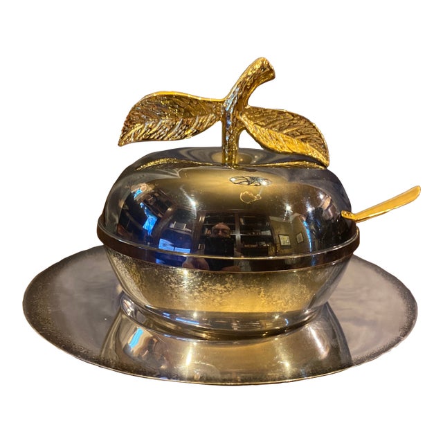 Vintage Silverplate Apple Honey/Jam/Condiment Server With Glass Insert & Spoon - 5 pcs For Sale