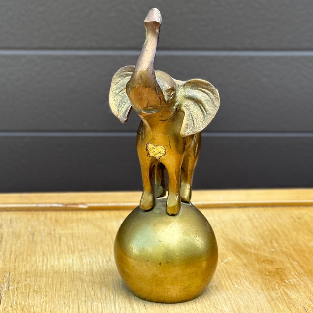 Mid-Century Modern Mid-Century Solid Brass Circus Elephant Balancing on Ball With Trunk Up For Sale - Image 3 of 7