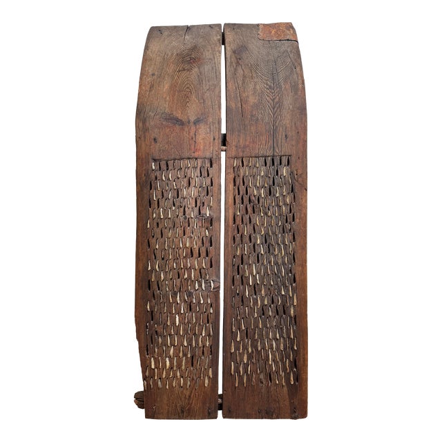 Antique 19th C Large Sculptural Primitive Wood and Inlaid Flint Stone Thresher For Sale