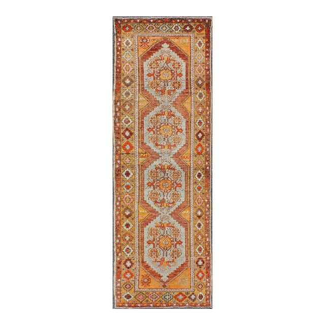 Colorful Antique Oushak Runner With Four Medallions in Yellow, Red, Green, Gray 2.11 X 9.9 For Sale