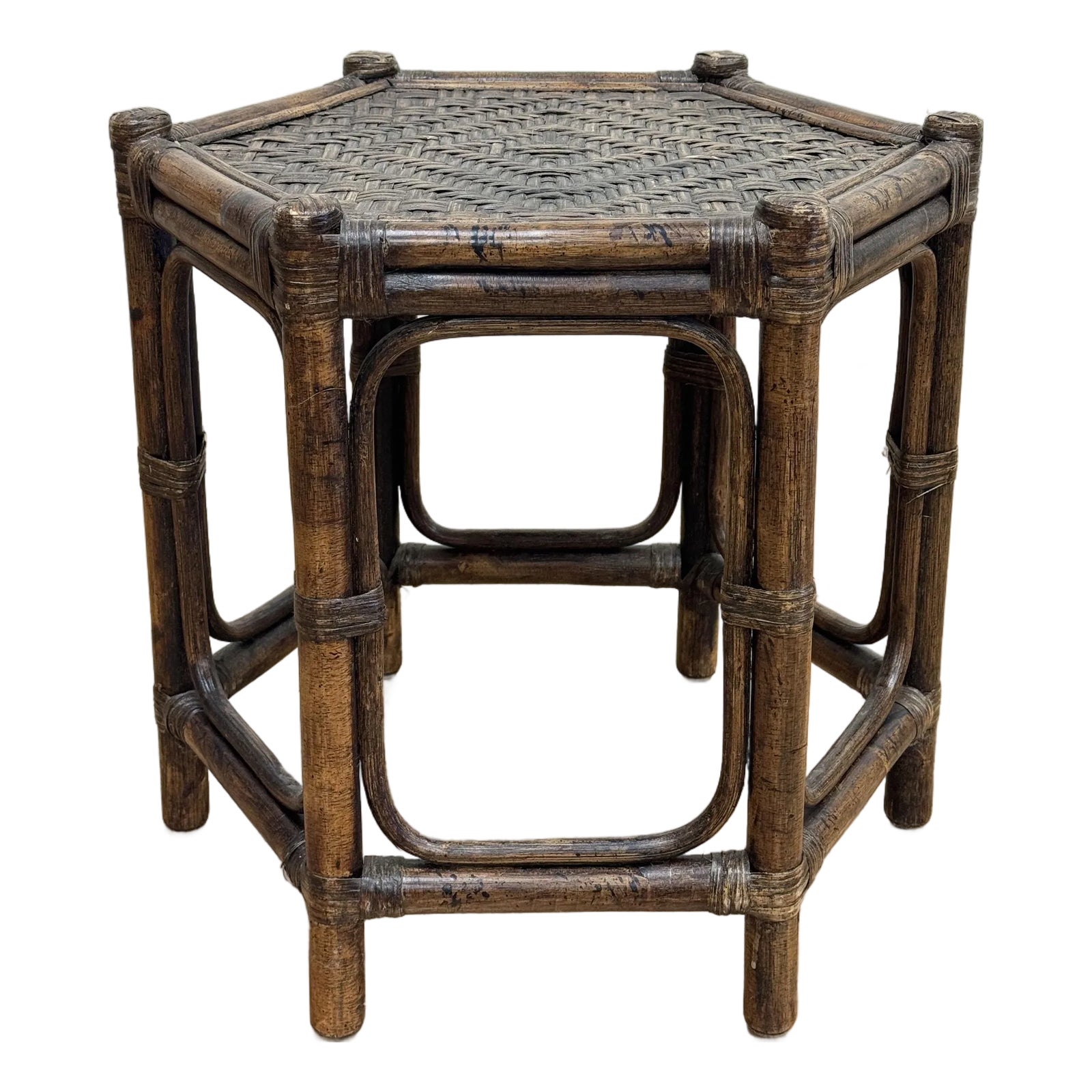 Vintage Hexagonal Rattan and Woven Wicker Side Table | Chairish