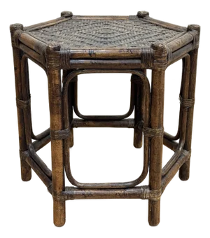 Vintage Hexagonal Rattan and Woven Wicker Side Table