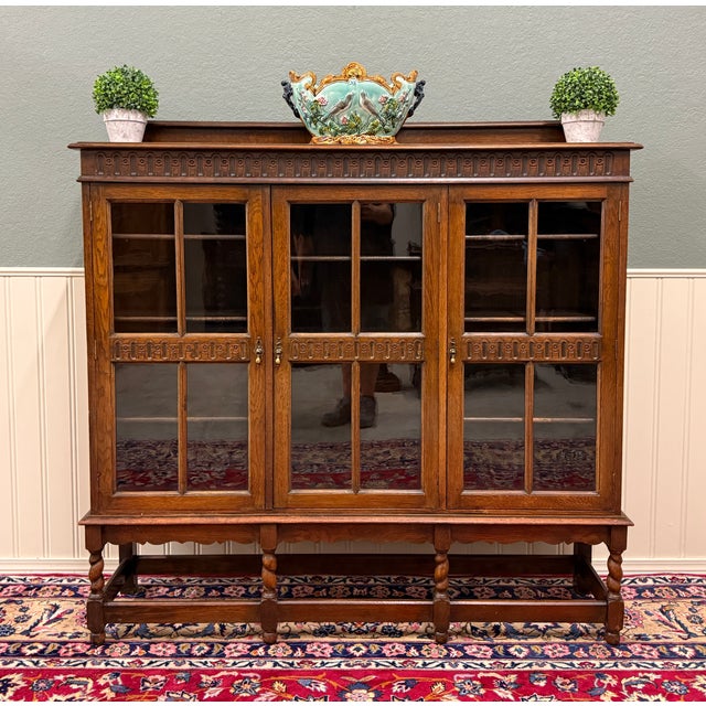 BEAUTIFUL Antique English Jacobean Oak Bookcase or Display Cabinet with Triple Glass Doors ~~c. 1930s ~~PERFECT for your...
