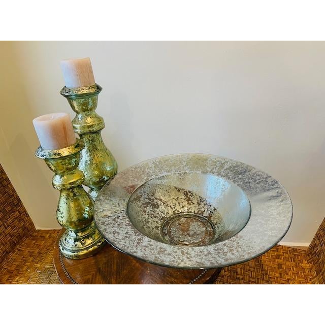 Beautiful 3 piece vintage set of large, heavy glass bowl and two tall candleholders. Made in Spain. The bowl is made of a...