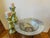 Beautiful 3 piece vintage set of large, heavy glass bowl and two tall candleholders. Made in Spain. The bowl is made of a...