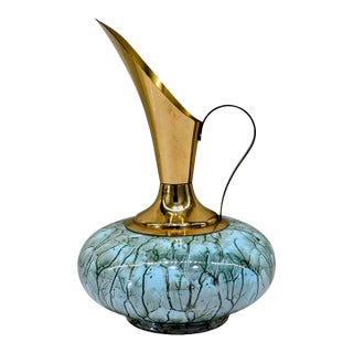 1960s Hand-Painted Delft Holland Brass and Aqua Ewer Vase For Sale