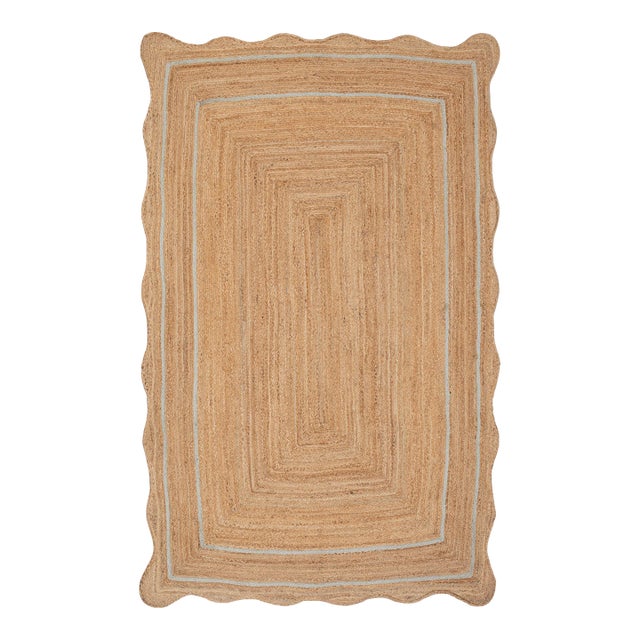 Light Blue Natural Jute Wave Scallop 6x9Ft. For Sale