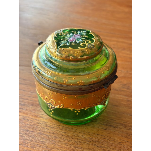 Green Victorian Moser Art Green Glass and Enamel Bohemian Dresser Box For Sale - Image 8 of 13