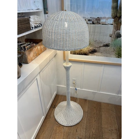Coastal Vintage White Wicker Floor Lamp With Dome Shade For Sale - Image 3 of 14