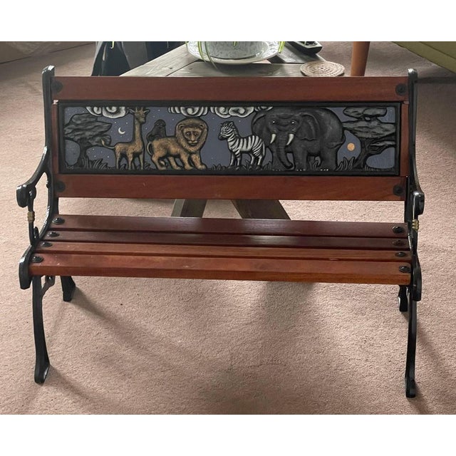 Childrens Safari Animals Themed Hand Painted Cast Iron & Mahogany Garden Bench For Sale - Image 11 of 11