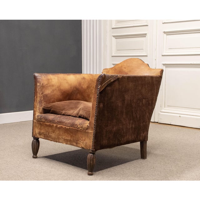 French Sheep Leather and Velvet Lounge Chair in the style of Louis Chambry, 1920s For Sale - Image 3 of 12