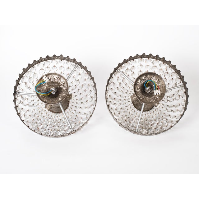 1960s Spanish French Empire Nickel Plated Brass Crystal Basket Semi Flush Mounts - A Pair For Sale - Image 4 of 8