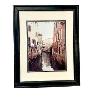 1980s Vintage Italian Boho Chic Cityscape Residential Canal Framed Photography, Laundry Day. For Sale