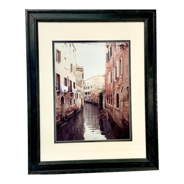 1980s Vintage Italian Boho Chic Cityscape Residential Canal Framed Photography, Laundry Day. For Sale