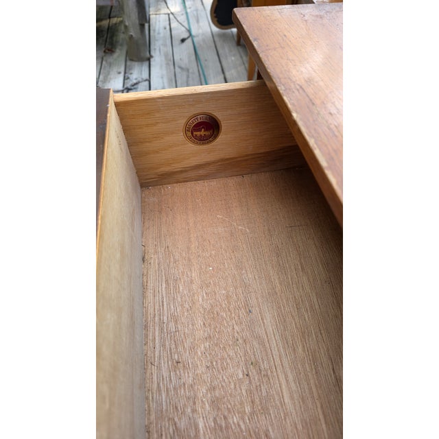 Bassett Furniture 1960s Ultra Rare Bassett 6 Drawer Low Butternut Finish With Checkerboard Parquet Inlay Mirror 2 Matching Night Stands For Sale - Image 4 of 4