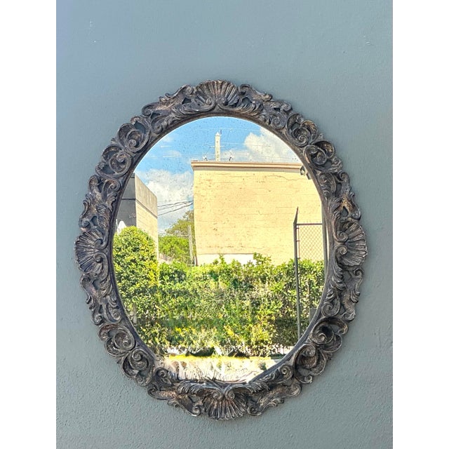 Late 20th Century Vintage Carved Wood Oval Mirror For Sale - Image 5 of 12