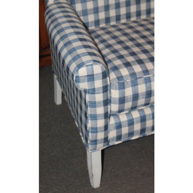 Folk Art 20th C Wingback Love Seat in Blue and White Check Homespun Linen For Sale - Image 3 of 7
