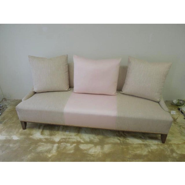 Early 21st Century Beige Linen & Pink Fabric Custom Made “Fashionista” Sofa with Matching Pillows For Sale - Image 5 of 7