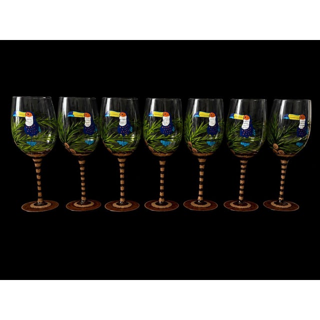 Coastal Late 20th Century Set of Seven Hand-Painted Tropical Toucan Wine Glasses With Amber Stems. Coastal Tropical Entertaining For Sale - Image 3 of 9