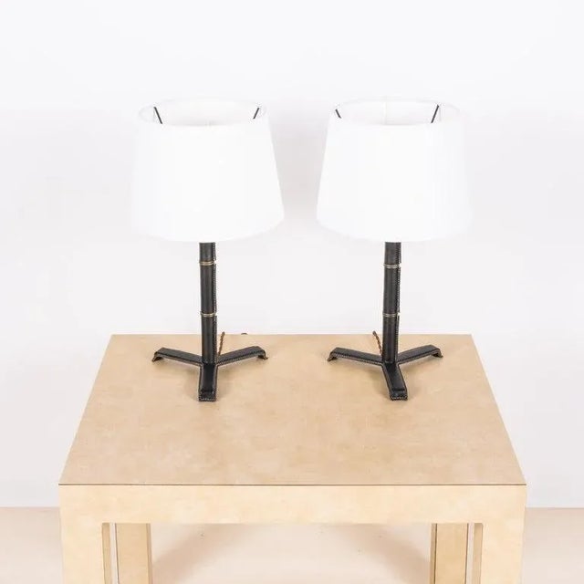 DESIGN FRERES Pair of 'Sellier' Stitched Black Leather Lamps by Design Frères For Sale - Image 4 of 7