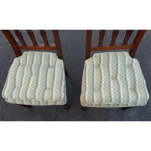 Wood Late 20th Century Pair French Empire Mahogany With Green Beige Tufted Seat Upholstered Side Chairs For Sale - Image 7 of 14