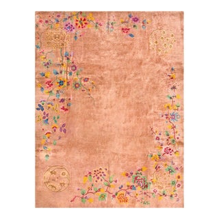 1930s Orange-Peach Floral Modern Antique Chinese Art Deco Rug Hand Knotted 8'10" X 11'6 Wool Carpet For Sale