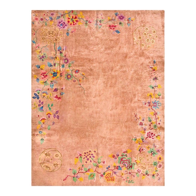 1930s Orange-Peach Floral Modern Antique Chinese Art Deco Rug Hand Knotted 8'10" X 11'6 Wool Carpet For Sale