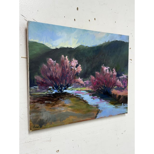 Traditional Pulich Oil on Canvas Landscape Painting of Creek + Pink Blossoms For Sale - Image 3 of 12