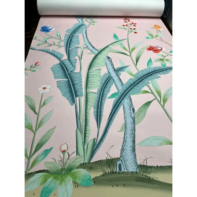 Pink Palm Tree Chinoiserie Murals Hand Painted Wallpapers - 8 Panels For Sale - Image 6 of 6