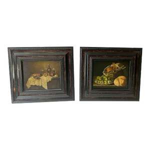 Early 20th Century Flemish Style Still Life Oil on Board Paintings - a Pair
