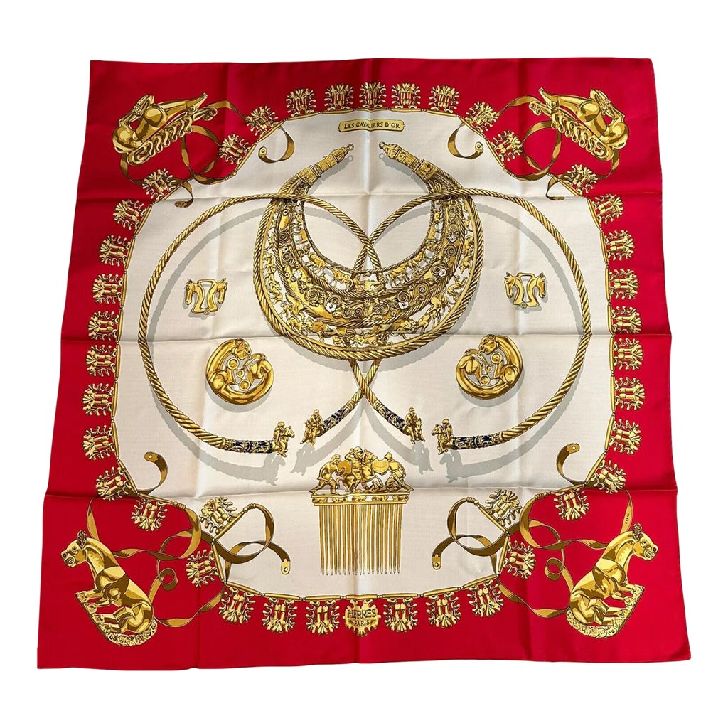 Hermes Carre Les Cavaliers D'Or Golden Horsemen Vintage 90cm Red