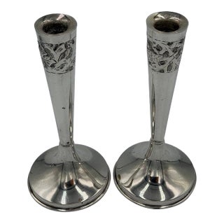 Art Nouveau Sterling Silver Candlesticks With Floral Relief Decoration - a Pair For Sale